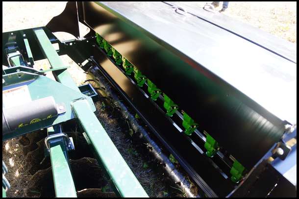 Precision seeding cups allow for precise delivery at different rates. We planted oats from the primary seed box at 35lbs per acre, and radishes from the legume box at 9lbs per acre. 