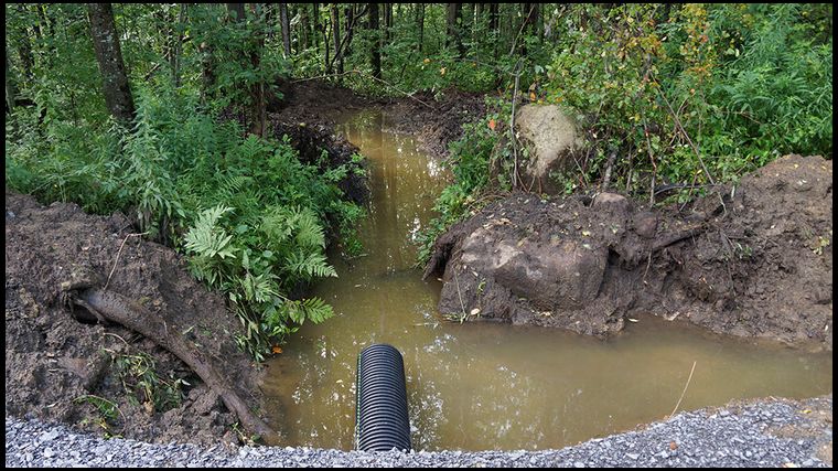 Giving the water somewhere to go is priority one. It was not easy to get heavy equipment back there but I found a way. My biggest worry was getting the dozer stuck in the swamp. Luckily, it was a dry month and it worked.