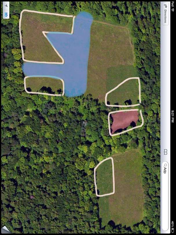 This photo shows the plot locations. The soil test came back with a ph of 5.6 and high P. Going to try to get the ph to 6 over the next 2 years. The blue area will be a mix of cave n rock switchgrass and birds foot. 