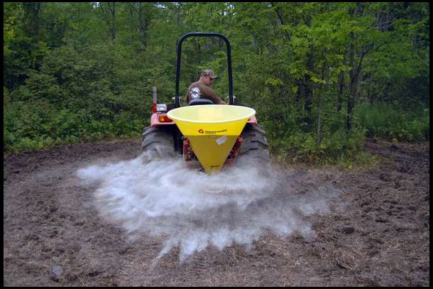 After tilling we had to drop a lot of lime down on this plot. The soil test came back with a 4.8 which is pretty sour.
